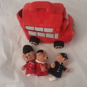 Harrods Red Plush Bus with 5 Bear finger Figures Vintage